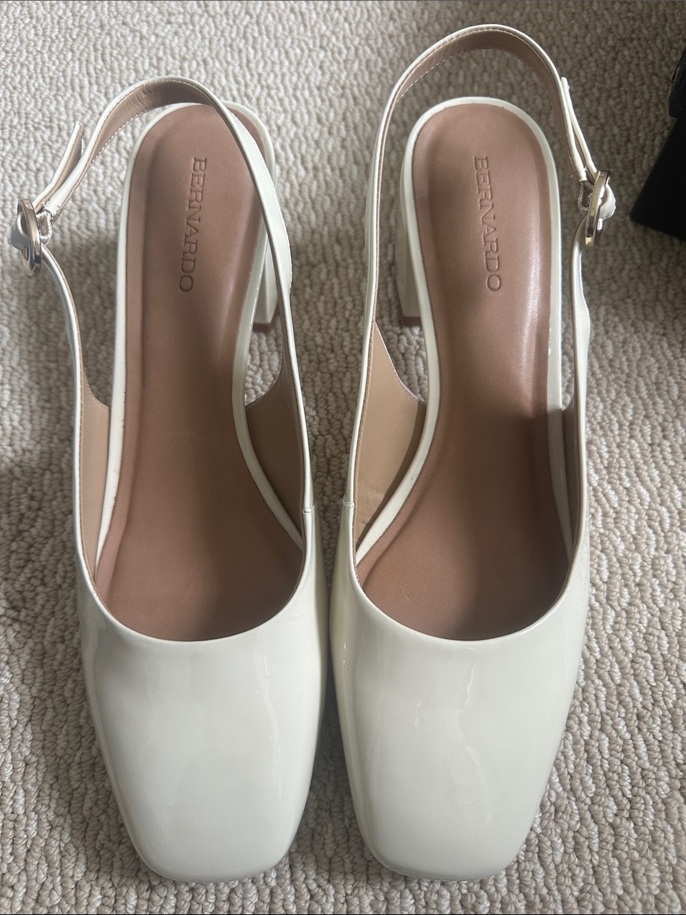 Bernardo Cream Patent Slingback Block Heel Pumps